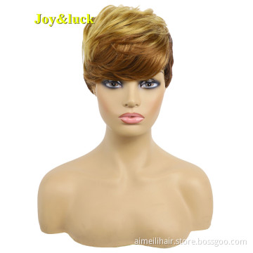 Wholesale Wigs Woman Wig With Bangs Free Part Daily or Party Brown Ombre Gold Blonde Natural Straight Short Synthetic Hair Wigs